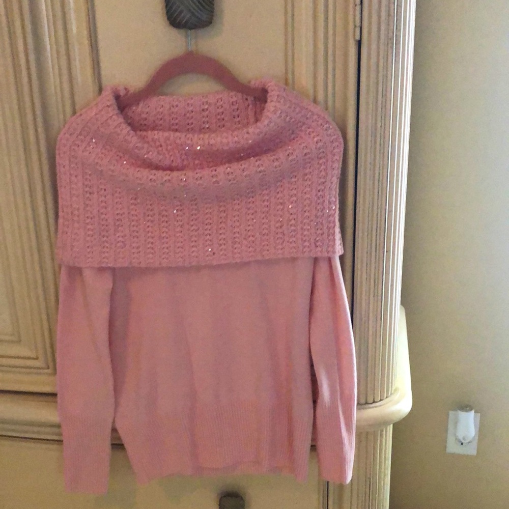 Pink sweater with cowel neck and silver sequins on the neck
